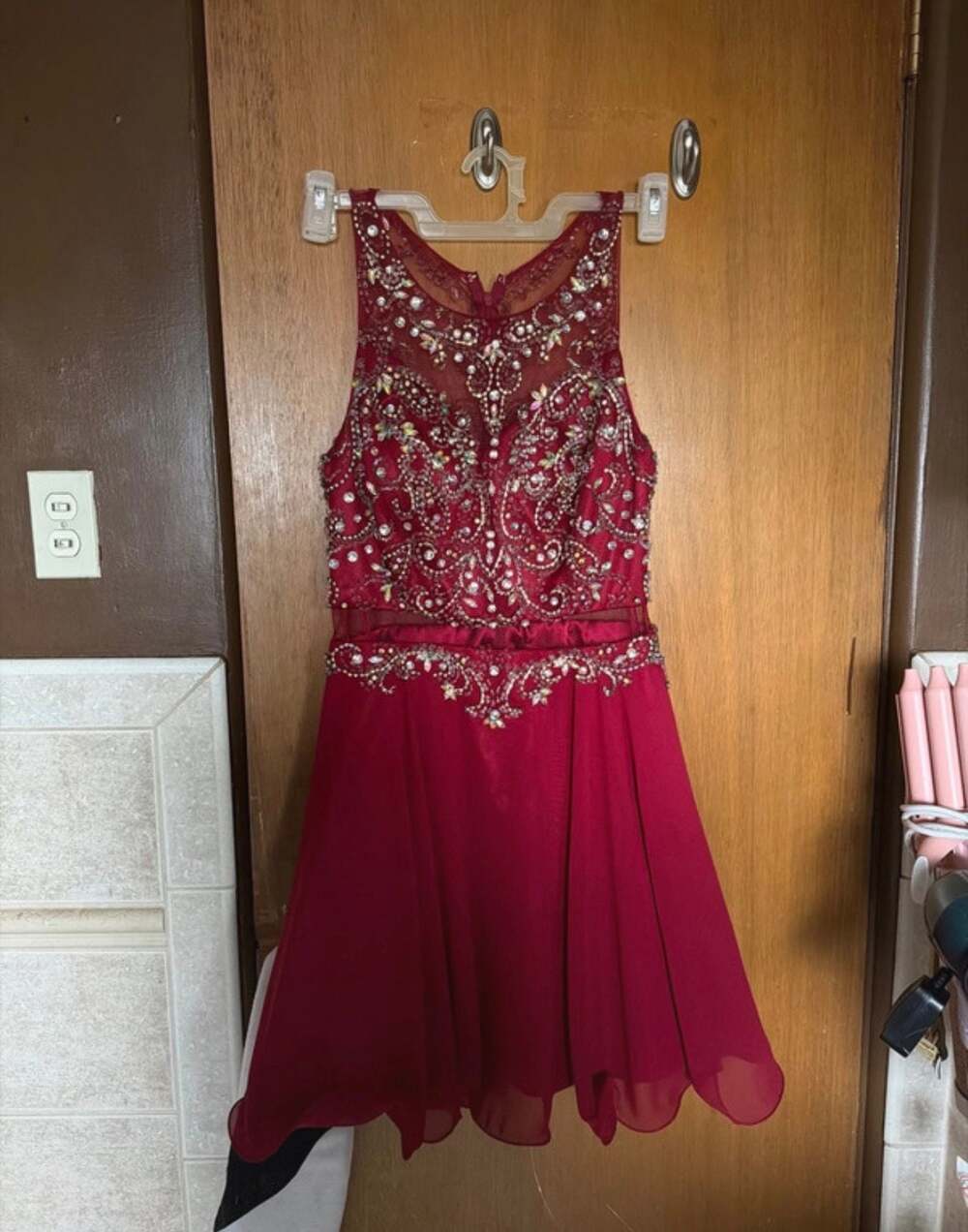 Dancing Queen Embellished Illusion Neckline Short Dress Burgundy Size XL